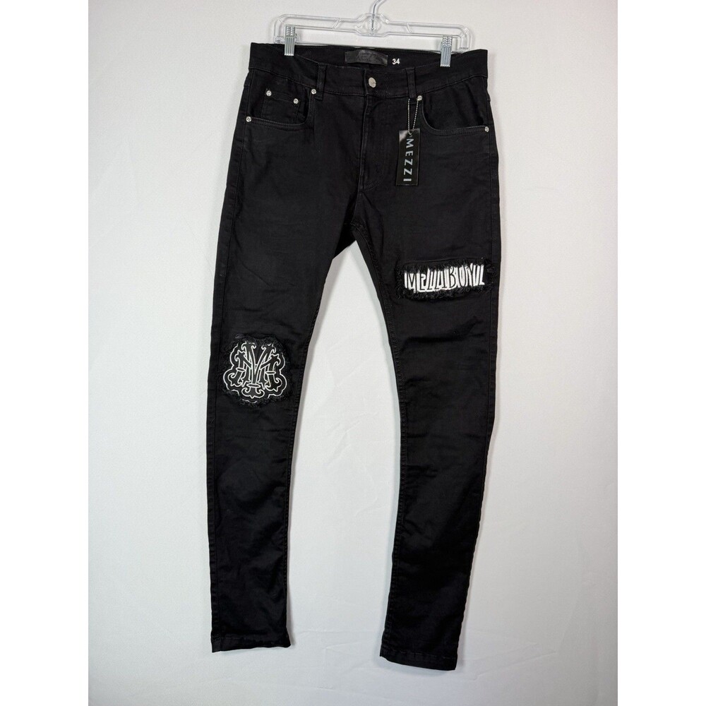 Mezzi Men’s Black Skinny Jeans Size 34 Embroidered Patch Distressed Streetwear